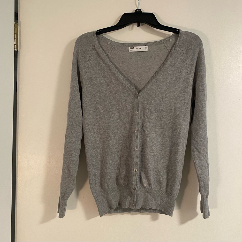 Zara Women’s Cardigan Sweater Gray Button Front Cotton Blend L Preppy WorkWear